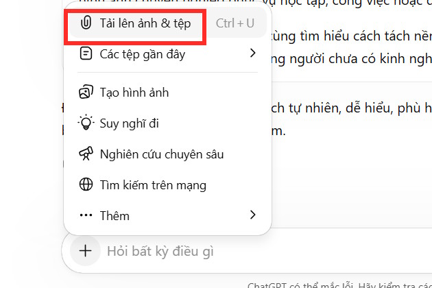 Tải ảnh cần tách nền trên ChaGTP