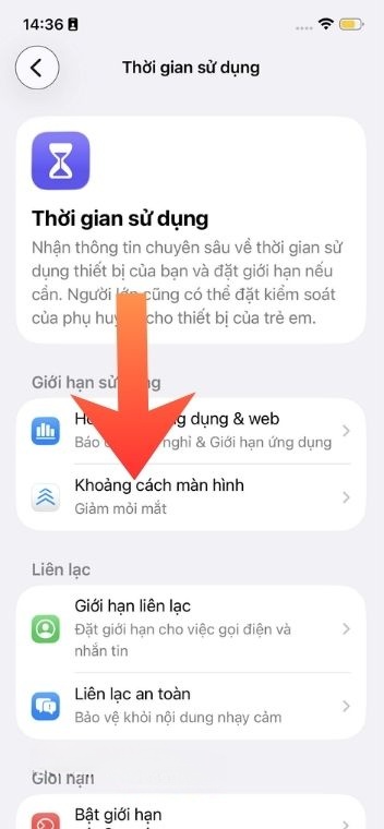 Chạm vào mục Khoảng cách màn hình