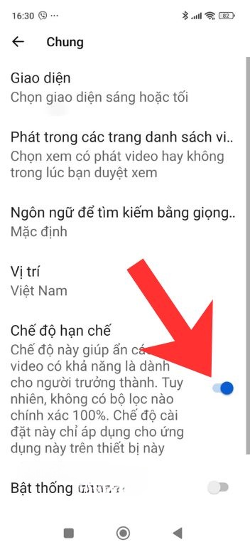 Gạt và tắt công tắc tại muc Chế độ hạn chế.