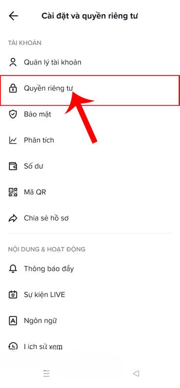 Ấn vào mục Quyền riêng tư