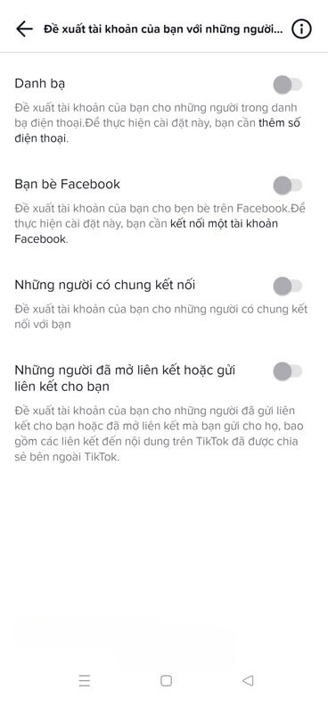 Đã tắt tính năng Đề xuất tài khoản TikTok với người khác