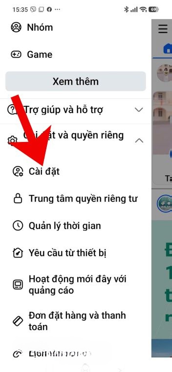 Nhấn vào mục Cài đặt