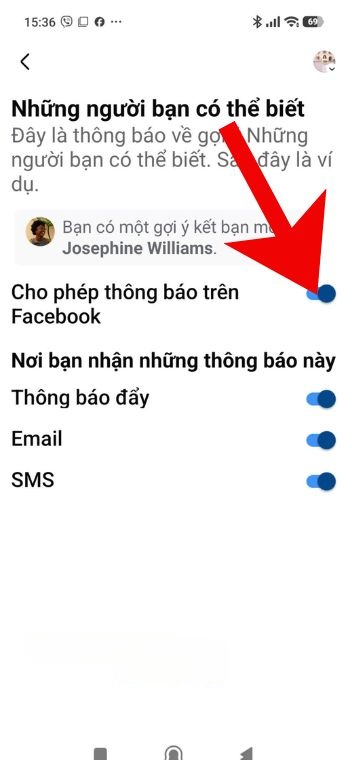 Gạt, tắt công tắc Cho phép thông báo trên Facebook