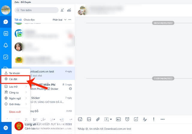 Chạm vào mục Cài đặt