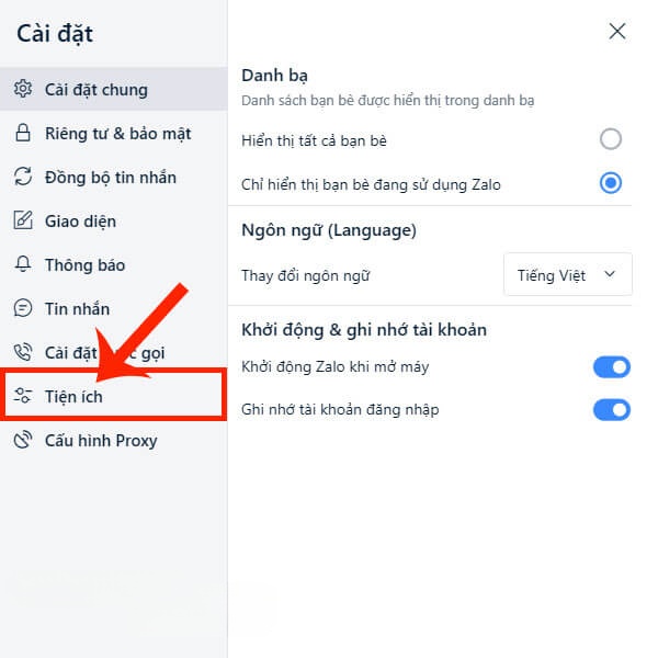 Click chuột vào mục Tiện ích