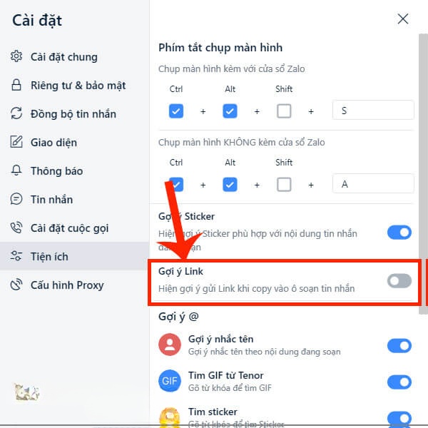 Gạt công tắc tại mục Gợi ý link