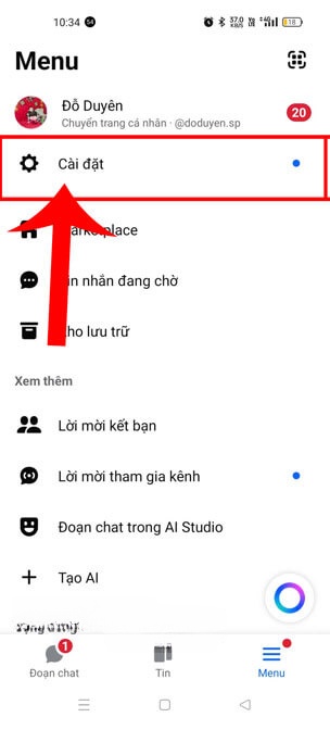 Chạm vào mục Cài đặt