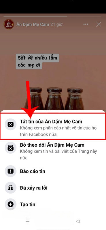 Ấn vào mục Tắt tin của “...”.