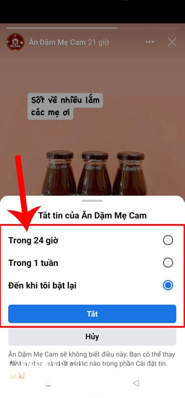 Chọn khoảng thời gian ẩn story, rồi nhấn vào nút Tắt.