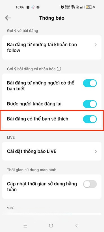 Gạt công tắc tại mục Bài đăng có thể bạn sẽ thích