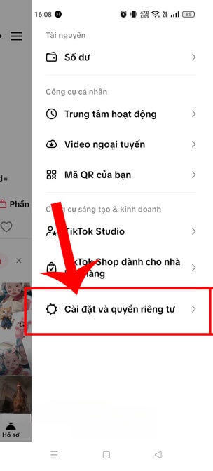 Chạm vào mục Cài đặt và quyền riêng tư