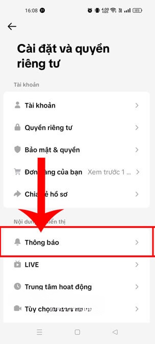 Nhấn vào mục Thông báo