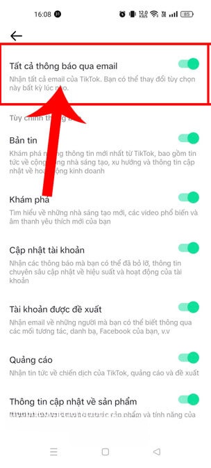 Tắt công tắc tại mục Tất cả thông báo qua Email