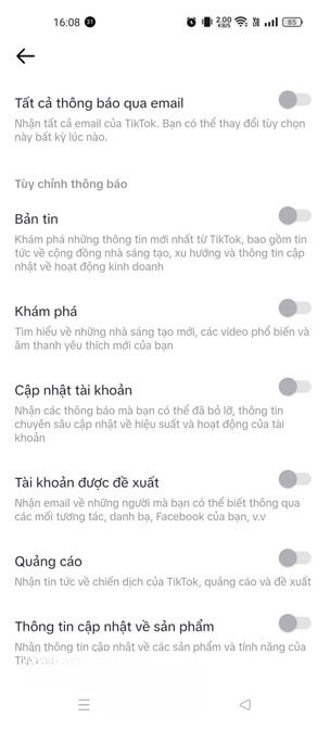 Đã tắt thông báo TikTok qua Gmail