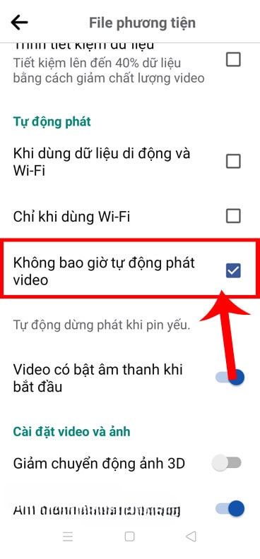 Đánh dấu tick vào mục Không bao giờ tự động phát video.