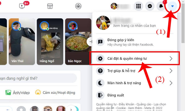 Nhấn vào biểu tượng hình tam giác > mục Cài đặt & quyền riêng tư