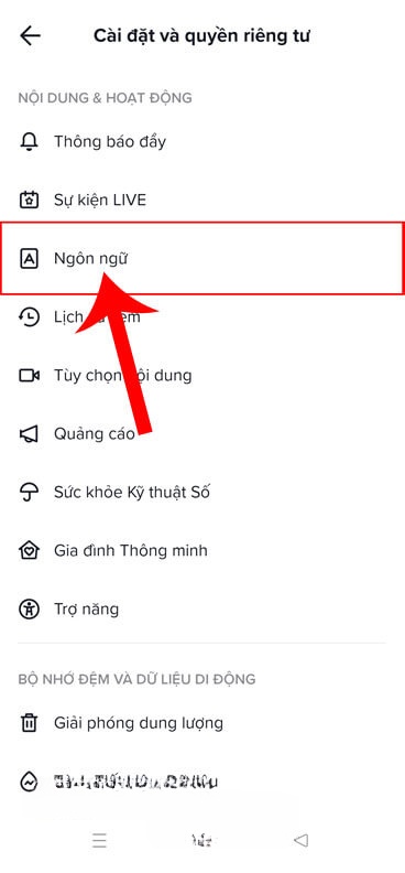 Nhấn vào mục Ngôn ngữ