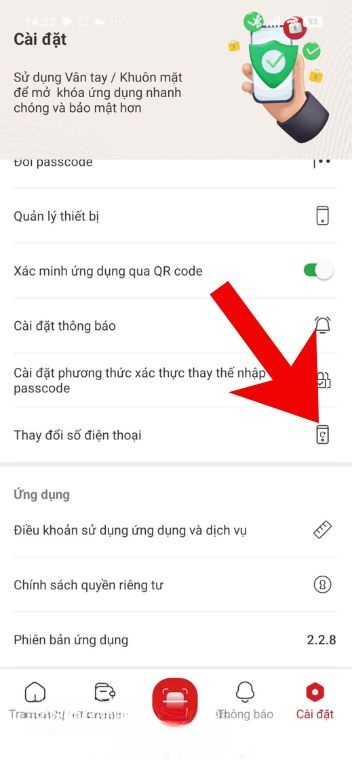 Ấn vào mục Thay đổi điện thoại