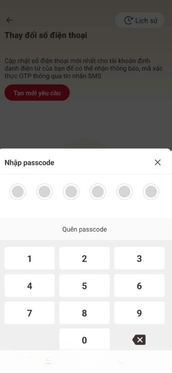 Nhập mã passcode tài khoản VNeID