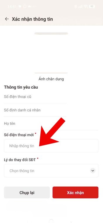 Nhập thông tin số điện thoại mới, lý do thay đổi số điện thọai