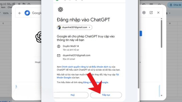 Xác nhận đăng nhập tài khoản, click chuột vào nút Tiếp tục
