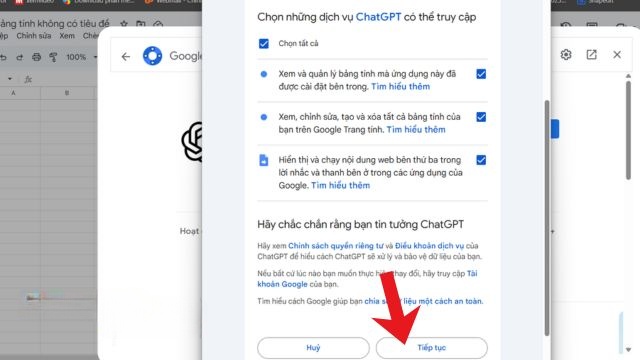 Đặc kỹ các quyền tiện ích yêu cầu, nhấp chuột vào nút Tiếp tục