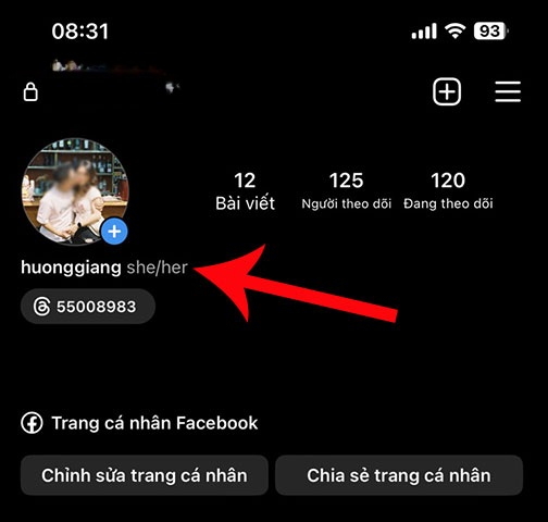 Tiểu sử Instagram sau khi được thêm danh xưng/đại từ chỉ giới