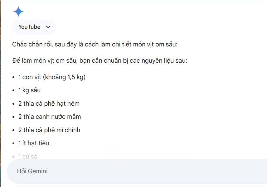 Nội dung video YouTube trên Gemini