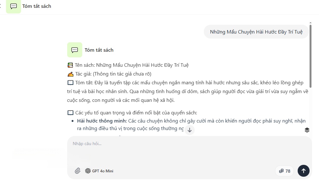 Đợi một lát, ChatbotX AI xử lý và gửi lại cho bạn bản tóm tắt đầy đủ.