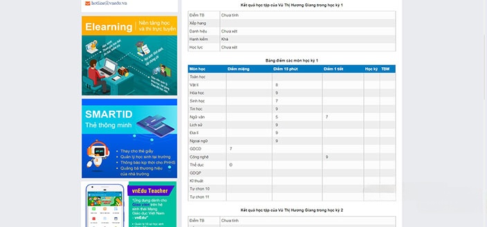 Giao diện hiển thị kết quả học tập của học sinh trên VnEdu.vn