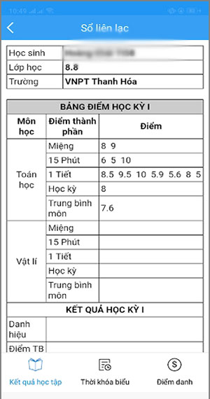 Giao diện hiển thị kết quả học tập của học sinh trên VnEdu Connect
