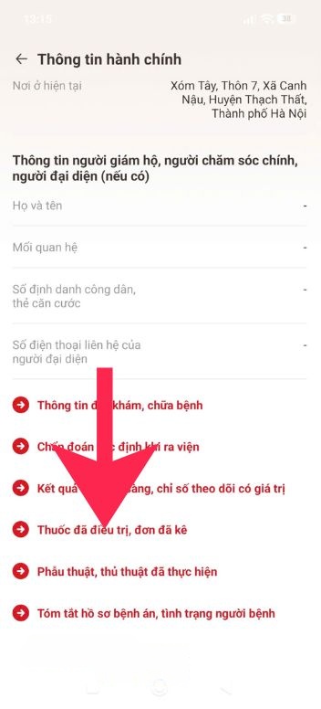 Ấn vào mục Thuốc đã điều trị, đơn đã kê