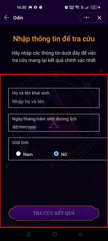 Điền thông tin cá nhân và ấn vào nút Tra cứu kết quả.