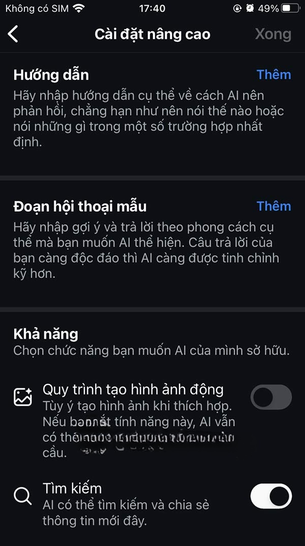 Chỉnh cài đặt nhân vật AI