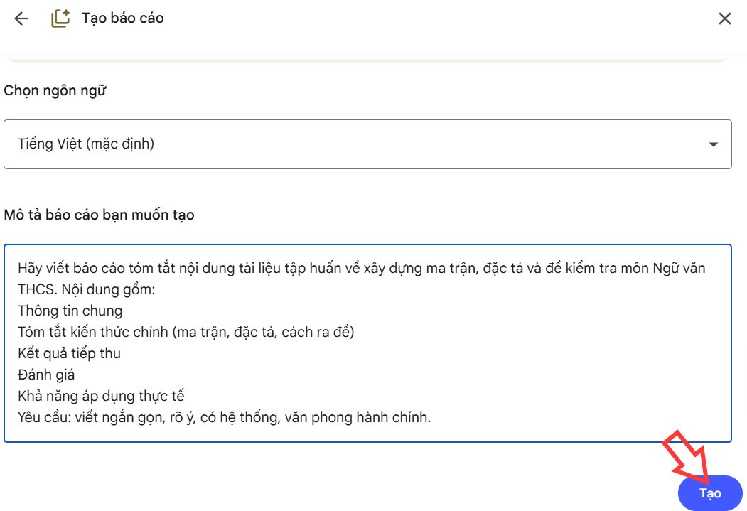 Mô tả báo cáo tập huấn trên NotebookLM