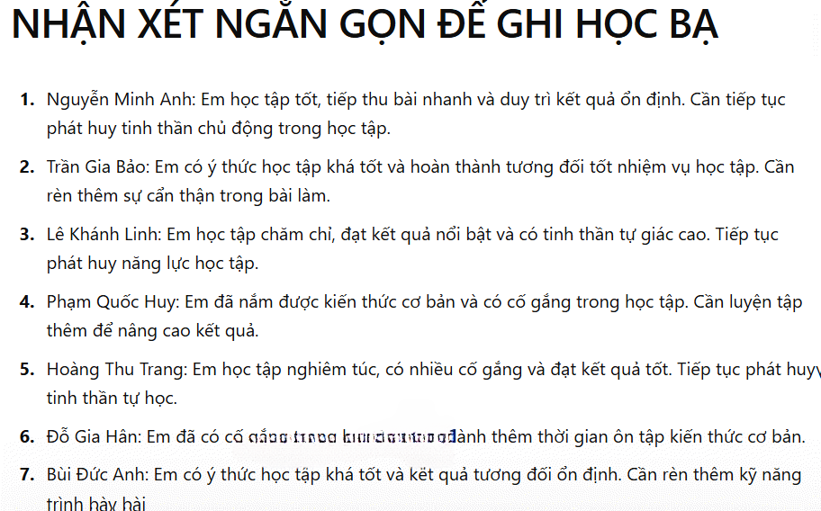 Nhận xét học sinh vào học bạ 