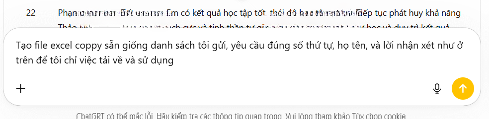 Tải nhận xét học sinh theo TT 22 trên ChatGPT theo dạng Excel