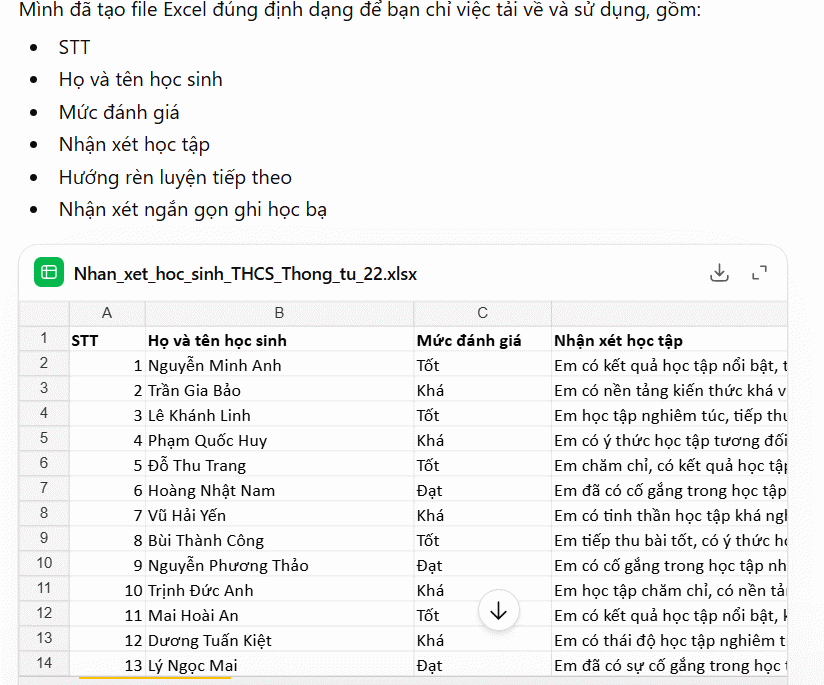 File Excel nhận xét học sinh theo TT 22 trên ChatGPT