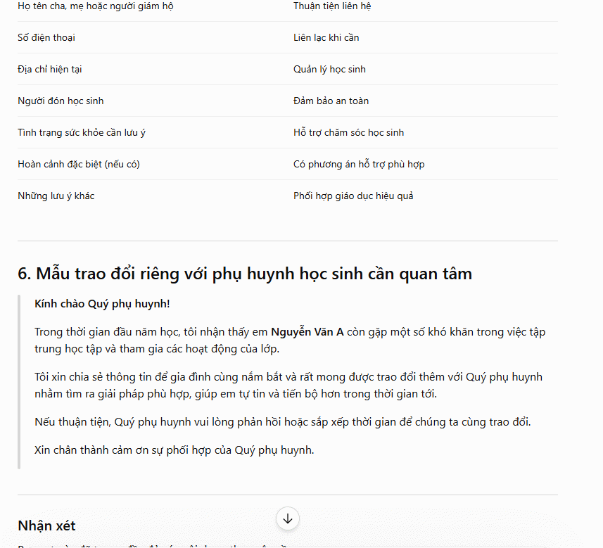 Mẫu tin nhắn trao đổi với phụ huynh 