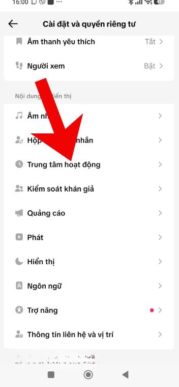 Ấn vào mục Trung tâm hoạt hộng