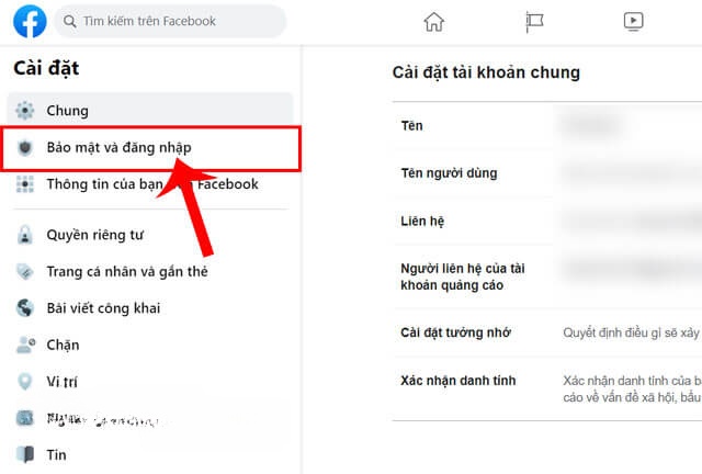 Click chuột vào mục Bảo mật và Đăng nhập