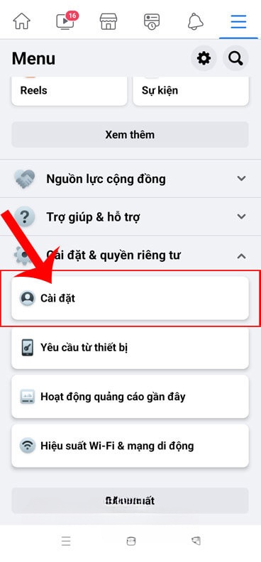 Nhấn vào mục Cài đặt