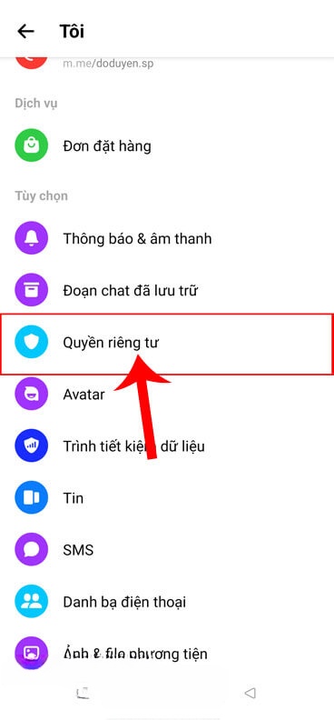Chạm vào mục Quyền riêng tư
