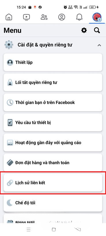 Ấn vào mục Lịch sử liên kết