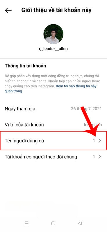 Chạm vào mục Tên người dùng cũ