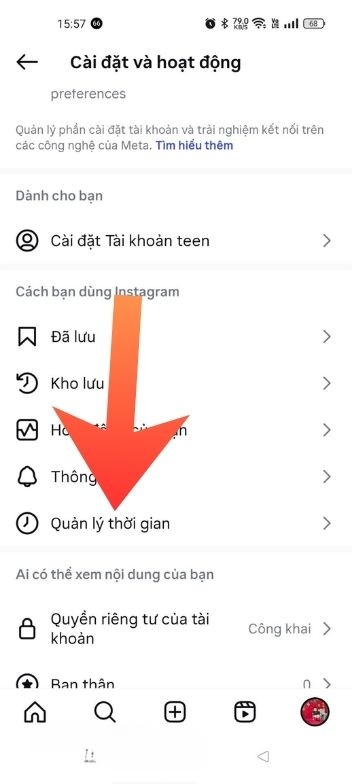 Chạm vào mục Quản lý thời gian