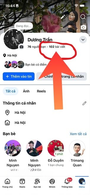 Số lượng bài viết đã đăng hiển thị ở dưới tên tài khoản Facebook