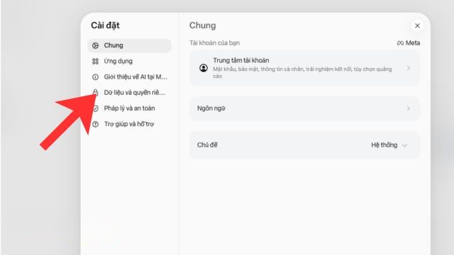 Nhấn vào mục Dữ liệu và quyền riêng tư