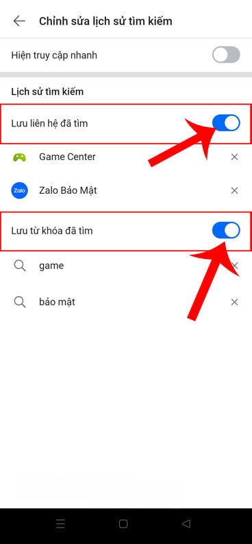 Tắt công tắc tại mục Lưu liên hệ đã tìm và Lưu từ khóa đã tìm