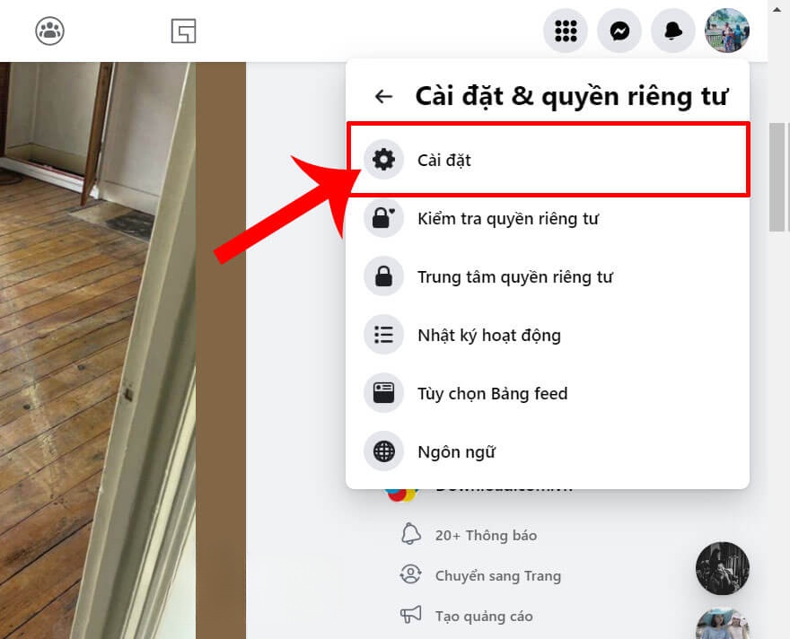 Nhấn vào mục Cài đặt